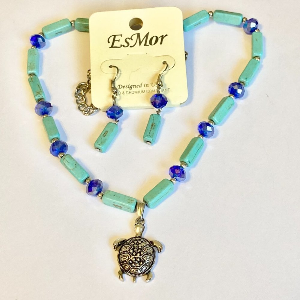 Turquoise Stone Sea Turtle Necklace Pendant Crystal Nautical 16-20" Silver Tone
